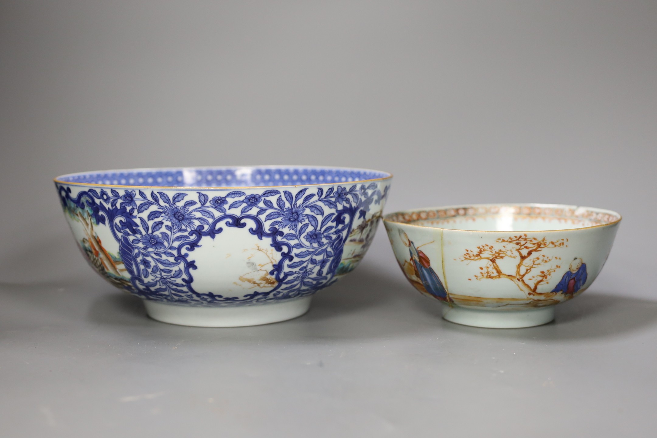 Two 18th century Chinese export famille rose bowls (a.f) largest 26cm diameter